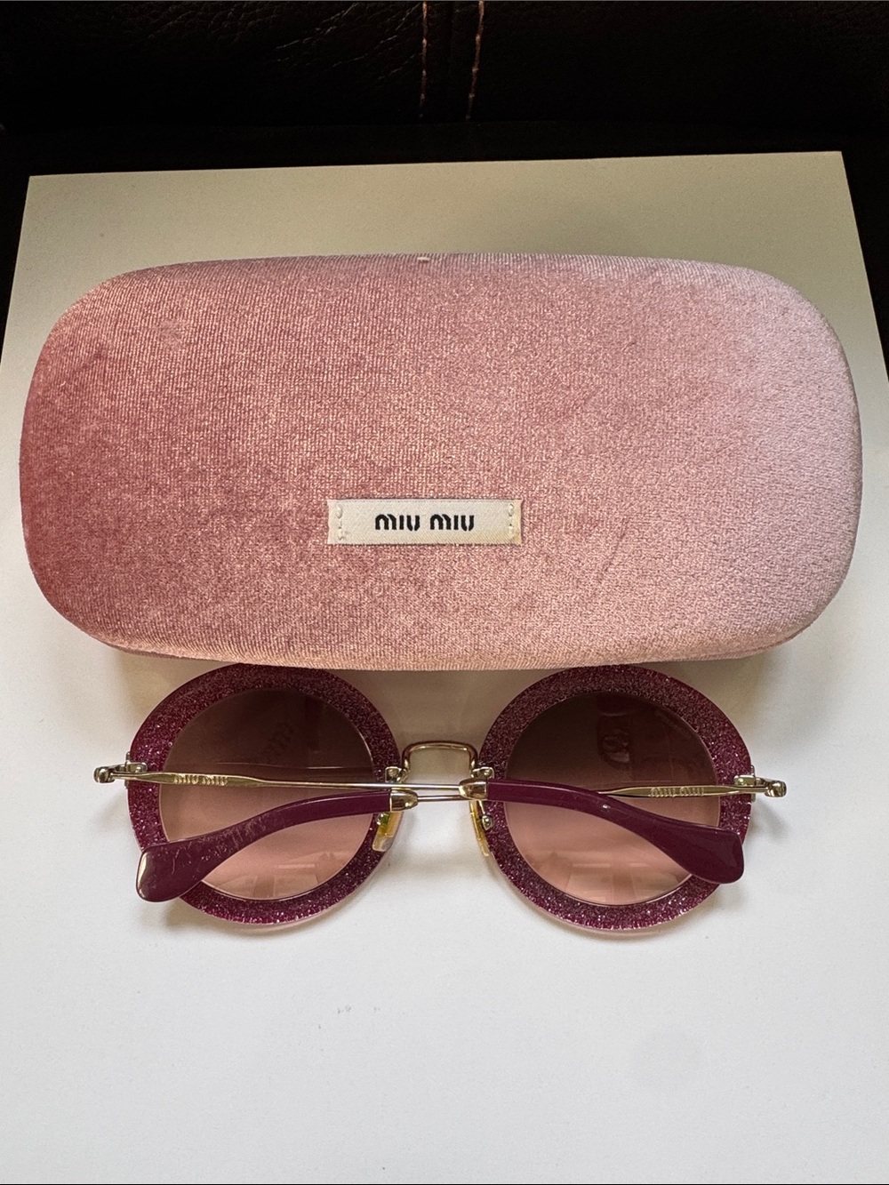 Miu Miu Glitter Burgundy Round Sunglasses with Pink Velvet Case